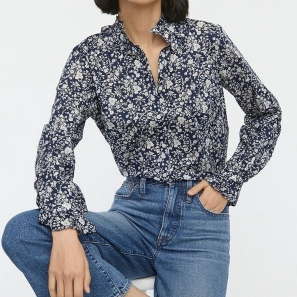 J. Crew Liberty Fabric Blue Summer Bloom Ruffle Button Shirt - XXSmall